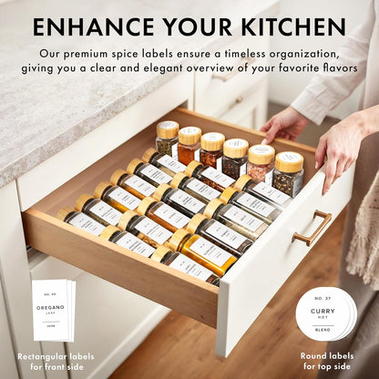 Square Spice Jars with Bamboo Wooden Lid (Pack of 24) Spice Jars with Shaker Insert and 240 Labels - Bamboo Lid Glass Container for Spice Organisation [4.3 in × 1.8 in]