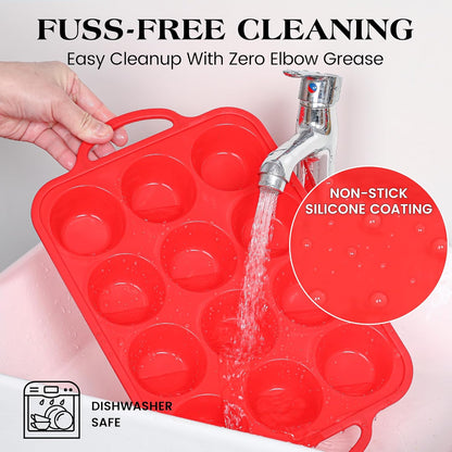 8 Pcs Silicone Muffin Pan Set, 12 Cup Regular & 24 Cup Mini Nonstick Muffin Tray with 6 Pcs Utensils, Silicone Muffin Pan for Baking with Metal Reinforced Frame, BPA Free (Red)