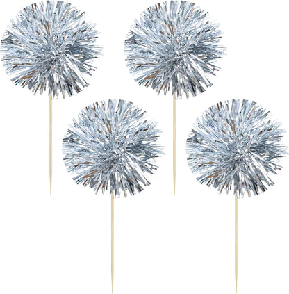 Gyufise 30Pcs Foil Firework Cupcake Toppers Sparkle Tinsel Cake Toppers Tinsel Drink Cake Decoration Cocktail Picks for Birthday Wedding Graduation Party Supplies Dark Silver