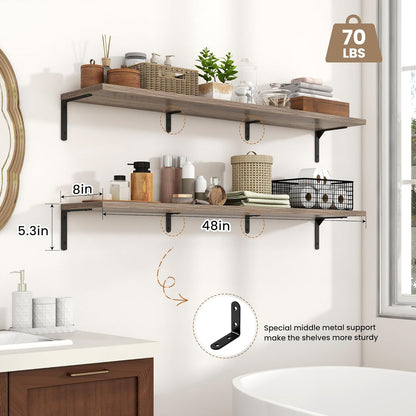 Fun Memories Deep Floating Shelves, 48W x 8D Floating Shelves Set of 2, Wall Mounted Shelf with Metal Brackets, Rustic Wood Wall Shelf for Bathroom, Kitchen and Living Room, Grey