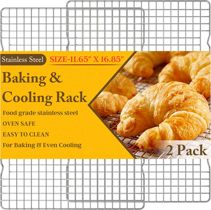 2PCS Cooling Racks for Cooking and Baking -11.65''x16.85''Heavy Duty Stainless Steel Wire Rack for Baking, Grilling, Roasting - Oven & Dishwasher Safe - Fits Half Sheet Pan（Silver）