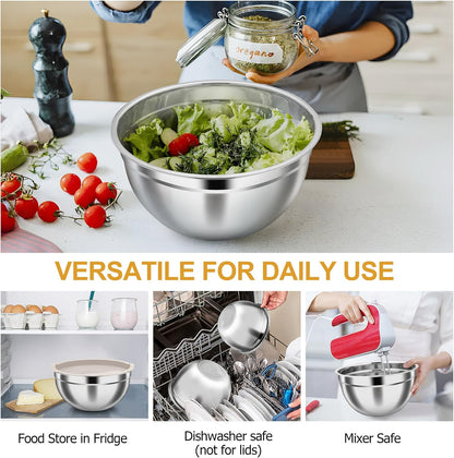 TeamFar Mixing Bowls, Stainless Steel Nesting Salad Bowls with Airtight Lids Set, For Serving/Mixing/Storing, Rust-proof & Heavy Duty, Dishwasher Safe, Set of 3-4.6/3 / 1.5 QT, Khaki