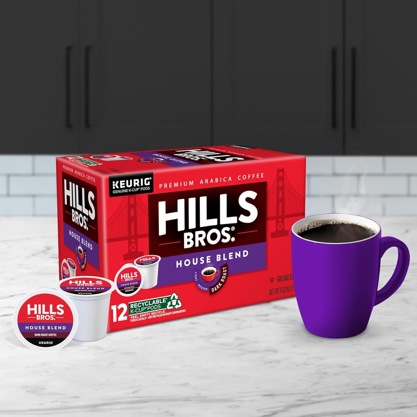 Hills Bros. House Blend Keurig K-Cup Pods for Keurig Brewers – Dark Roast Premium Arabica Blend, Kosher – 1 Pack of 12 Single Serve Pods