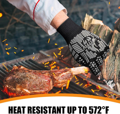 BBQ Gloves, Oven Gloves, Extreme Heat Resistant Barbecue Gloves, Silicone Non-Slip Oven Mitts, Kitchen Gloves for Cooking, Grilling, and Baking (Gray)