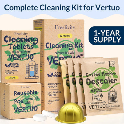 Nespresso Compatible Vertuo Cleaning & Descaling Kit – 1 Year Supply. Includes 4 Descaling Powder Solution, 12 Cleaning Tablets, 1 Reusable Pod, Eco-Friendly Vertuoline Maintenance Kit