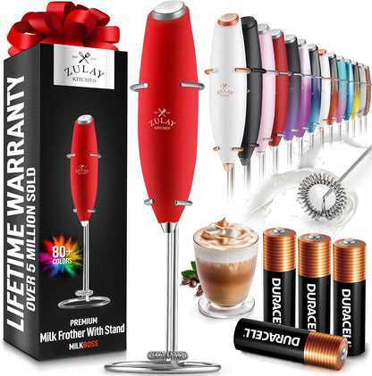 Zulay Kitchen Powerful Milk Frother Wand With 4 AA Duracell Batteries - Ultra Fast Handheld Drink Mixer - Electric Whisk Foam Maker for Coffee, Lattes, Cappuccino, Matcha & Creamer -