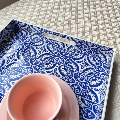 2 Pack Serving Tray with Handles, Rectangular Decorative Trays for Coffee Table, Modern Blue Plastic Ottoman Tray for Living Room, Bathroom, Kitchen, Decor, (Boho Blue)