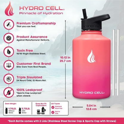 HYDRO CELL Stainless Steel Insulated Water Bottle with Straw - For Cold & Hot Drinks - Metal Vacuum Flask with Screw Cap and Modern Leakproof Sport Thermos for Adults (Coral/Punch 64oz)