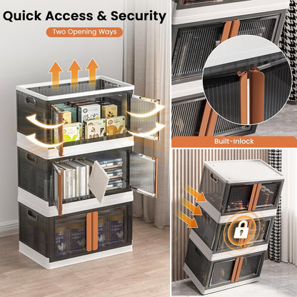 19Gal Collapsible Storage Bins with Lids & Wheels - 2 Pack Stackable with Doors, Heavy-Duty Plastic Containers for Home/Office, White