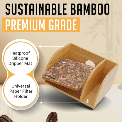HEXNUB – Caddy for Pour Over Coffee Maker, Bamboo Stand fits Chemex, Bodum, Cosori Coffee Carafes, Heatproof Mat, Filter Holder for Drip Coffee Maker - Cork Mat