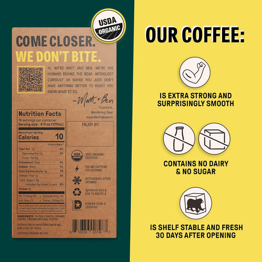 Wandering Bear Organic Caramel Cold Brew Coffee On Tap, 96 fl oz - Extra Strong, Bold, Smooth, Unsweetened, Shelf-Stable, Ready to Drink, Gluten Free, & Vegan, Iced Cold Brewed Coffee Drinks