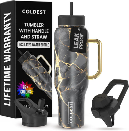 Coldest 40 oz Tumbler with Handle and Straw - 100% Leak Proof Insulated Tumbler with Lid and Straw (3 Lids) - Stainless Steel Tumblers for Women & Men - Cup Holder Friendly Base, 46 oz (Black Luna)