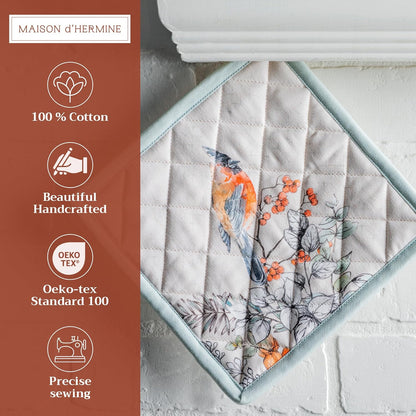 Maison d' Hermine Pot Holders Set 100% Cotton Heat Resistant Potholders 8" x 8" Hot Pads with Loop BBQ, Cooking, Baking, Grilling, Kitchen, Handling Hot Pans (Pack of 2, Whitish Shabby Chique)