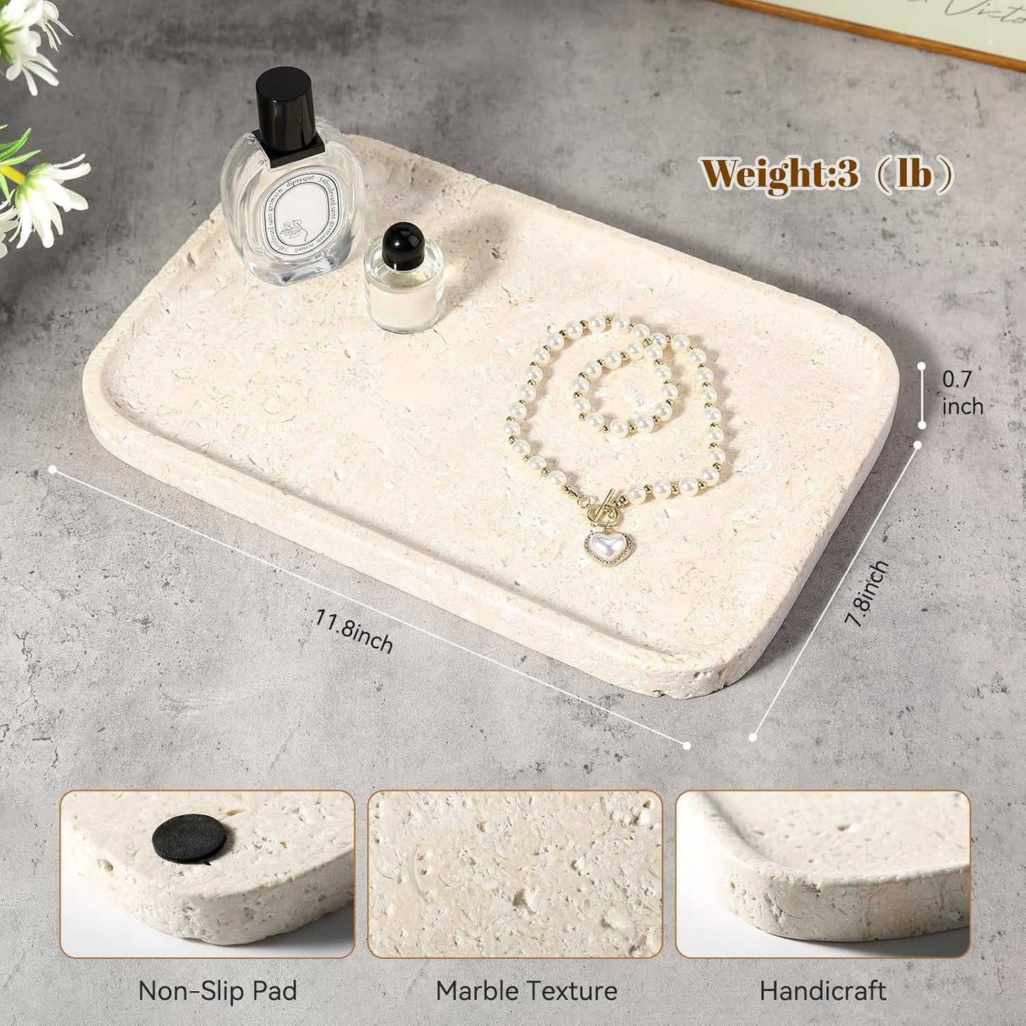 Natural Marble Vanity Tray, 11.8" Marble/Stone Bathroom Tray Countertop, Beige Tray for Decor, Perfume Jewelry Holder, Storage/Organizer for Kitchen Sink