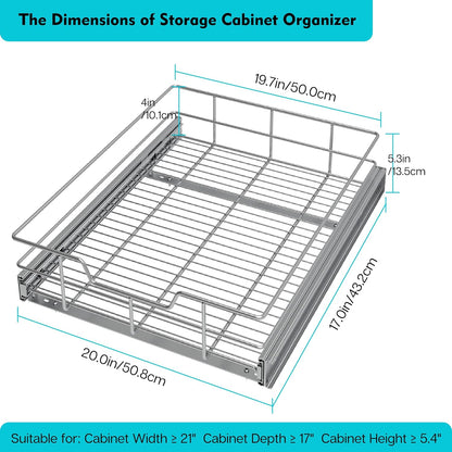Pull Out Cabinet Organizer 20" W X 17" D, Slide Out Drawers For Kitchen Cabinets, Pull Out Drawers For Cabinets Capacity Heavy Duty Caddy, Cabinet Pull Out Shelves Chrome-Plated, Bathroom Pantry