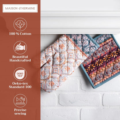 Maison d' Hermine 100% Cotton Oven Mitt & Pot Holder Set (7.5"x13" & 8"x8") Heat Resistant BBQ Cooking Gloves with Loop, Baking, Grilling, Kitchen, Handling Hot Pans (Fair Isle)