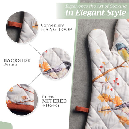 Maison d' Hermine 100% Cotton Oven Mitt & Pot Holder Set (7.5"x13" & 8"x8") Heat Resistant BBQ Cooking Gloves with Loop, Baking, Grilling, Kitchen, Handling Hot Pans (Oak Leaves)