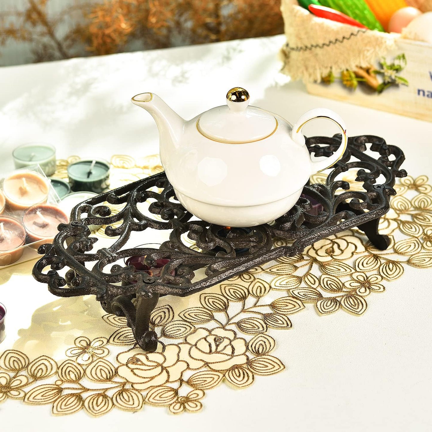 Sungmor Heavy Duty Cast Iron Teapot Dish Warmer Stable Holder for Tealight Stand | Tealight Warmer Decorative Stove for Villa Yard Balcony-Flower Shape