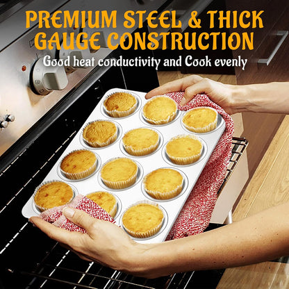 E-far 12-Cup Muffin Pan Set of 3, Stainless Steel Cupcake Pan Tins, Non-Toxic Metal Cupcake Tray for Baking Small Muffin Cakes, Heavy Duty & Regular Size, Rust Free & Dishwasher Safe