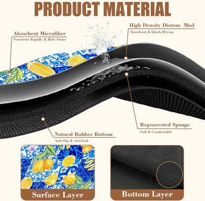 Lemon and Blue Tile Dish Drying Mat for Kitchen Counter Coffee Mat Hide Stain Absorbent Rubber Backed Dish Drainer Rack Pad Espresso Machine Coffee Bar Accessories 15.7 x 23.6 Inch