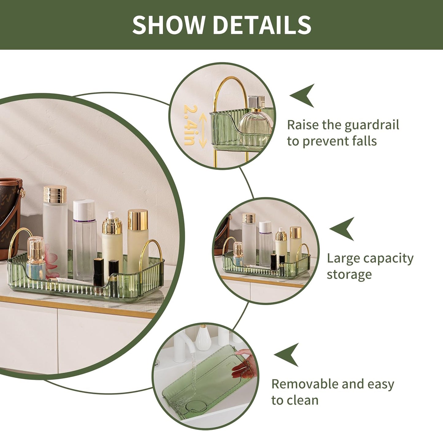 YCIA&DONE Bathroom Organizer Countertop, Makeup Storage, Skincare Cosmetic Tray Shelf, Perfume Holder Rack for Vanity Counter, Large Capacity, Easy to Install, Clean, 1 Tier, Vintage Green