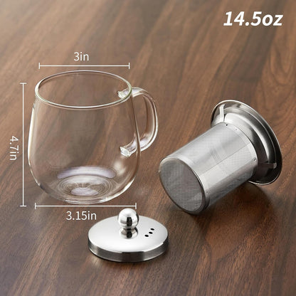 Glass Tea Cup with Infuser and Lid, 14.5oz/450ml Large Borosilicate Glass Teacup with Stailess Steel Filter, Clear Mug for Loose Leaf Blooming Tea, Dishwasher Safe - Tea Maker Gift
