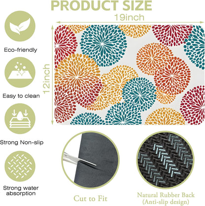 Abstract Floral Elements Dish Drying Mat Artifical Floral Kitchen Mat 12"x19" Bsorbent Coffee Maker Mat for Dishes,Utensils Coffee Maker Pots and Pans Easy Clean Dish Slip Resistant Pad