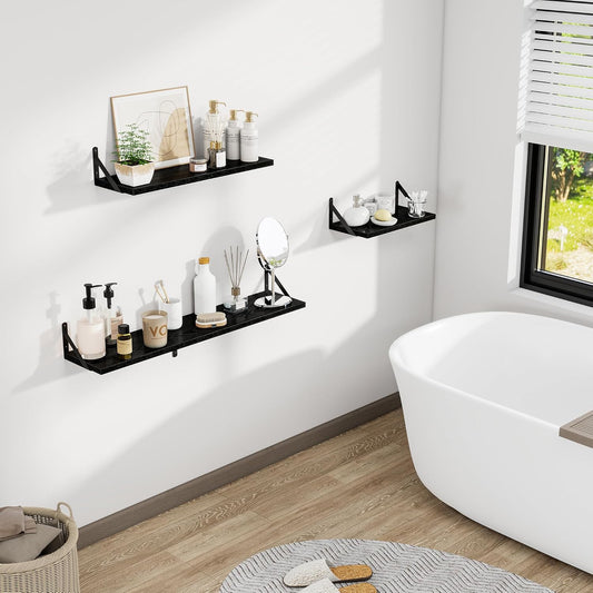 Dreamland Deep Floating Shelves for Wall, 16W x 8D Wall Mounted Shelves Set of 2, Floating Shelves Bedroom with Sturdy Metal Brackets for Living Room, Bathroom and Kitchen, Black