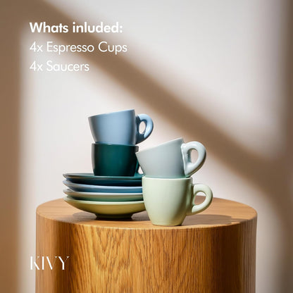KIVY Espresso Cups Set of 4 [Set 4x 3oz]- Espresso Set Thick Walled Stoneware Espresso Cup Set - Italian Style Espresso Cups and Saucers - Coffee Mugs - Pastell Green, Blue