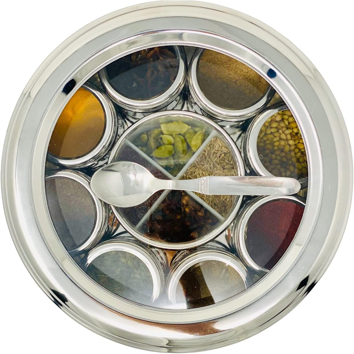 spice dabba Stainless Steel Indian Spice Box, Steel Masala Dabba 12 Spices, Lid Spice Box, Authentic Spices, Masala Box with Individual containers | Size 9 x 9 x 3 IN (Indian Spice Box Only)