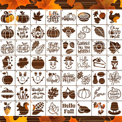 3inch Fall Stencils for Painting on Wood 56pcs Pumpkin Stencil Autumn Leaf Turkey Scarecrow Gnome Draw Templates for Wood Signs DIY Crafts Canvas Tier Tray Decor