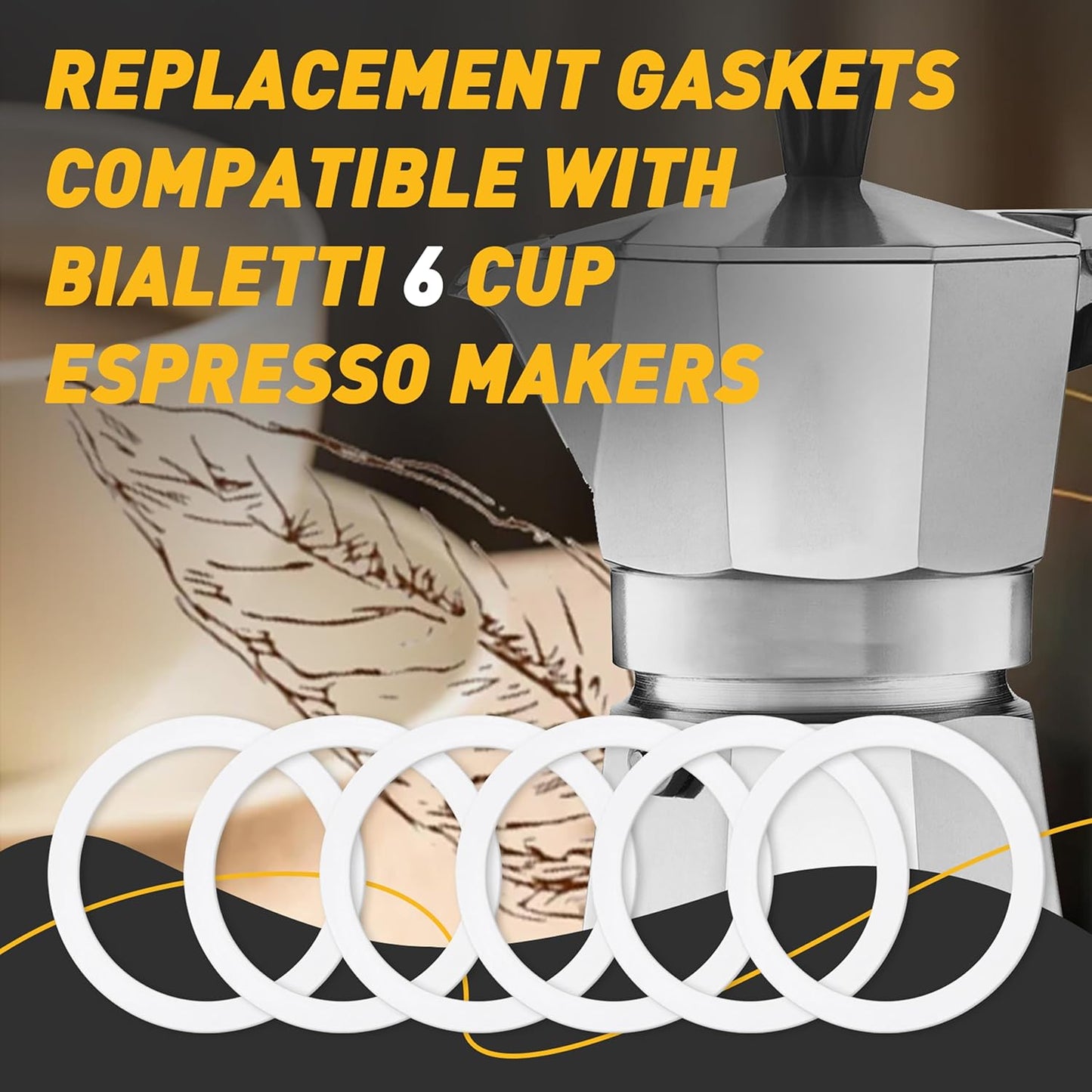 6 Pcs Gasket Seal Rings for Bialetti Moka Express Dama 6 Cups - Spare Food Grade Silicone Sealing Rings for Aluminium Stovetop Coffee Maker Pots (Better Than Rubber)