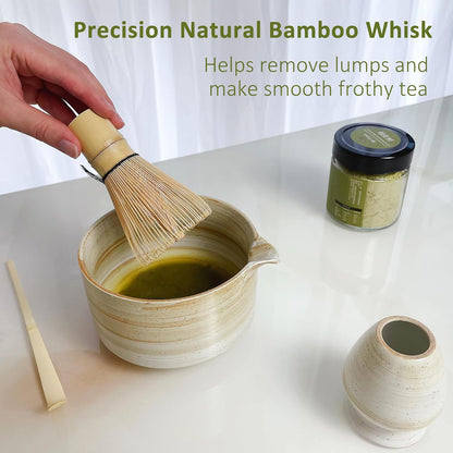 4pcs Matcha Set, Japanese Matcha Kit with Whisk, 17oz Ceramic Bowl with Spout, Whisk Holder & Bamboo Scoop for Starter, Tea Ceremony, Tea Lover, Gift