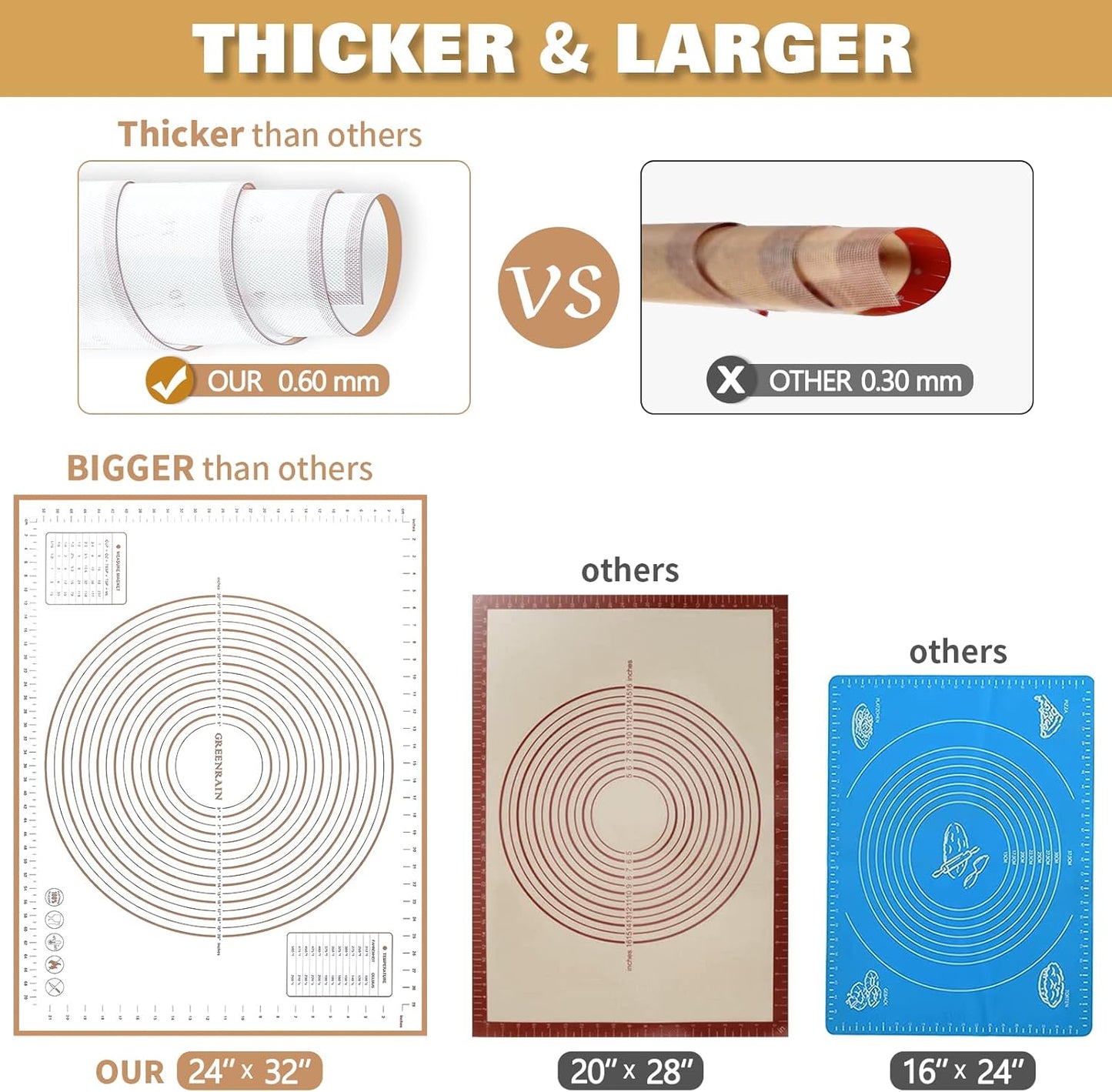 Silicone Pastry Mat Extra Thick Large Non Stick Baking Supplies Kitchen Counter Cooking Rolling Dough Sheet Pie Crust Sourdough Bread Oven Liner with Measurement (XXL-24''(W)*32''(L), 3#Gold)