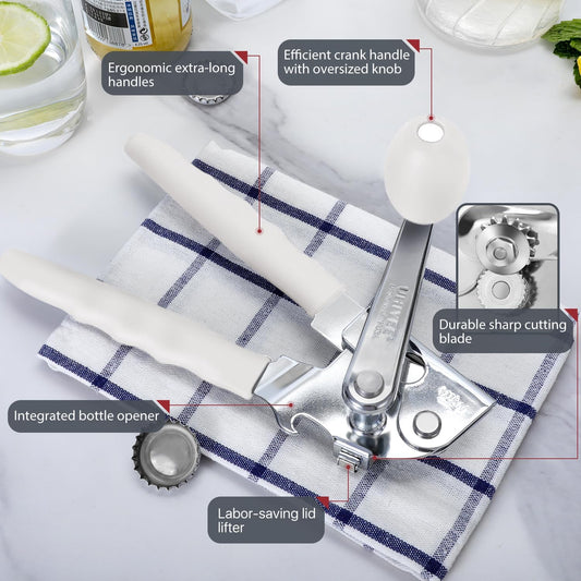 Commercial Can Opener, UHIYEE Hand Crank Can Opener Manual Heavy Duty with Comfortable Extra-long Handles, Oversized Knob, Large Handheld Can Open Easy for Big Cans, White