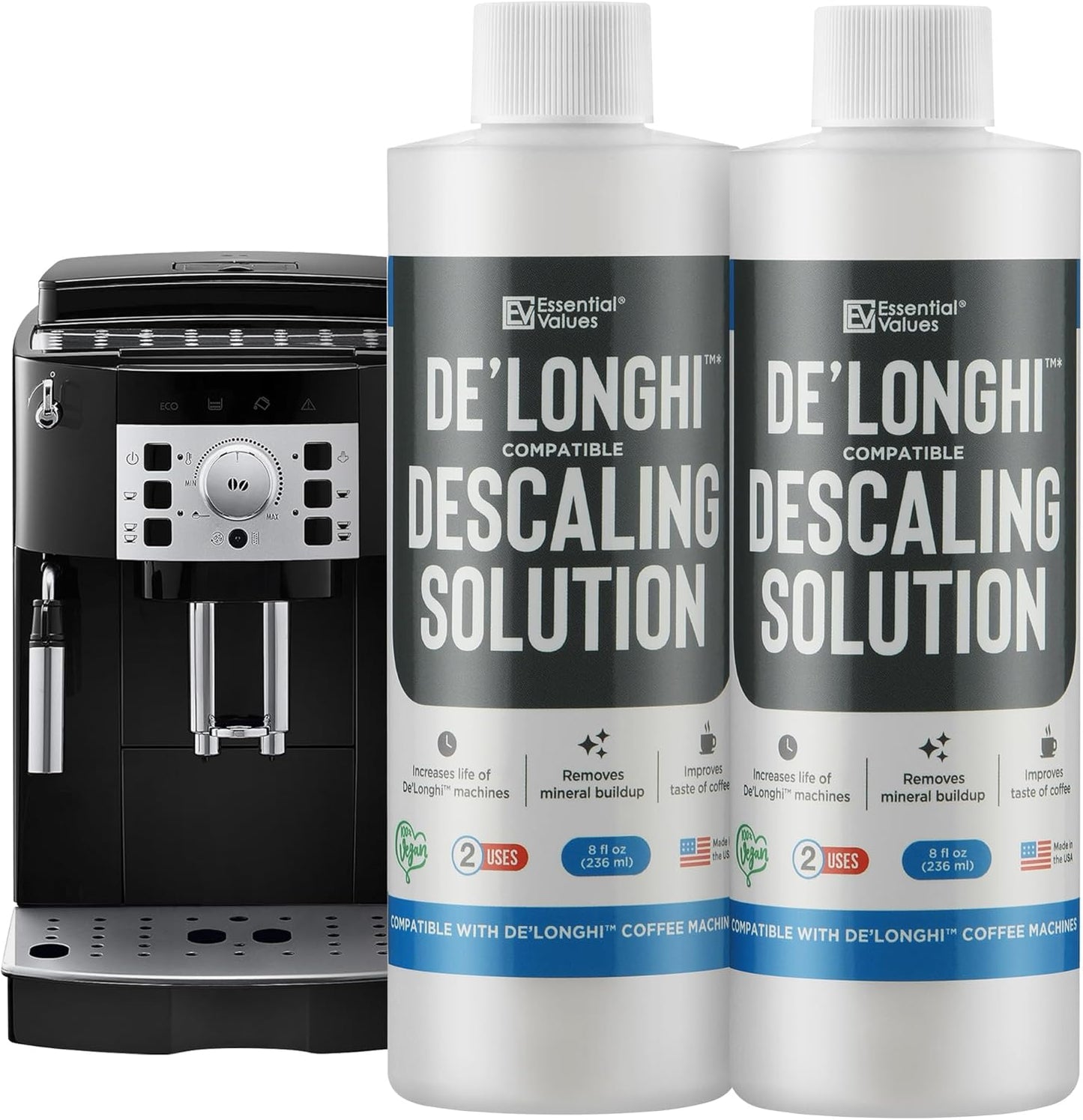 Essential Values Descaling Solution Compatible with De Longhi - Coffee Descaler - Coffee Maker Cleaner - Kettle, Espresso Machine Cleaning - 12 Month Supply 2-Pack