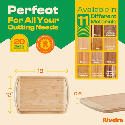 Riveira Two Tone Bamboo Wood Cutting Board – Gourmet Bamboo Grandeur: 18 x 12 Wooden Cutting Board – Wooden Cutting Boards For Kitchen Decorative – Innovative Juice Grooves Wooden Chopping Board