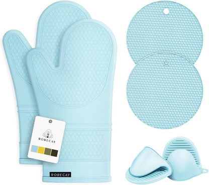 Rorecay 6pcs Oven Mitts and Pot Holders Sets, Extra Long Silicone Oven Gloves Heat Resistant 500 Degrees Non-Slip Potholders Hot Pads for Kitchen Baking Cooking, Quilted Liner, Winter Sky