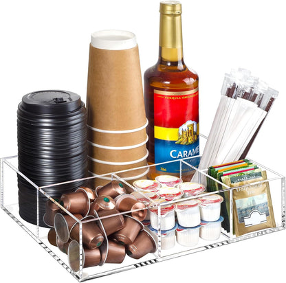 BEYGORM Acrylic Coffee Bar Station Organizer for Countertop,Office Breakroom Clear Snack Tea Storage Accessories Holder for Kcup Pod Condiment Cup Sugar Creamer Syrup, Gift for Coffee Lovers