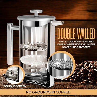 Utopia Kitchen Stainless Steel French Press Coffee Maker 12 Oz, French Press Tea Maker, Cold Brew Portable Travel Coffee Presses, Tea Press Gifts Silver