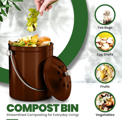Utopia Kitchen Compost Bin for Kitchen Countertop, 1.3 Gallon Compost Bin for Kitchen with Lid, Includes 1 Spare Charcoal Filter (Copper)