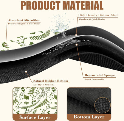 Green Leaf Coffee Mat Herb Dish Drying Mat for Kitchen Counter Hide Stain Rubber Backed Absorbent Coffee Bar Accessories Fit Under Espresso Machine, 15.7 x 23.6 Inch