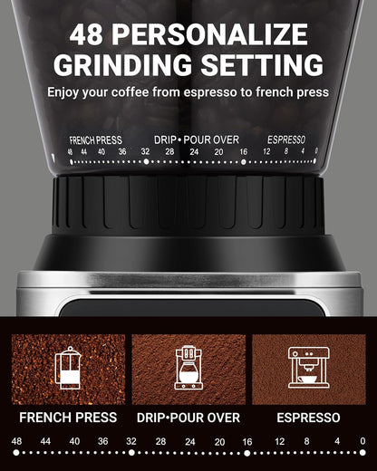 AMZCHEF Coffee Grinder, Burr Coffee Bean Grinder for Home Use with 48 Precise Grind Settings, Detachable Funnel Stand for Espresso, LED Control Panel, Anti-static Design, silver