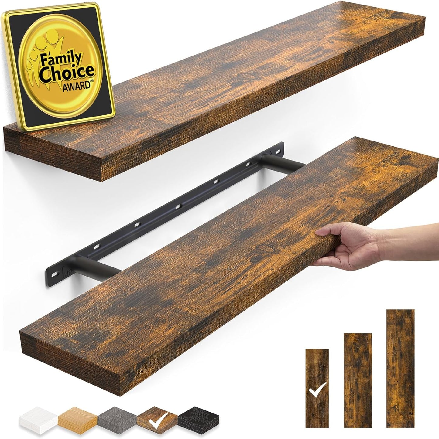 BAYKA Floating Shelves, 22.5 inch Rustic Wood Wall Mounted Shelves for Bedroom, Living Room, Kitchen & Office, Hanging Display Shelf with 22 lbs Capacity (Rustic Brown,Set of 2)