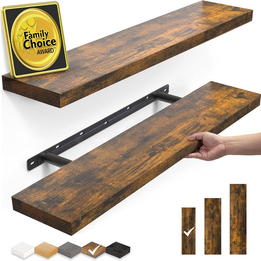 BAYKA Floating Shelves, 22.5 inch Rustic Wood Wall Mounted Shelves for Bedroom, Living Room, Kitchen & Office, Hanging Display Shelf with 22 lbs Capacity (Rustic Brown,Set of 2)
