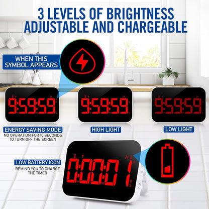 LED Timer （1.5" Number） with Voice Reminder, Digital Magnetic Timer, Countdown/Up, Rechargeabilit, Brightness Display, 3 Volume Levels and Vibration Mode, for Classroom, Study (red)