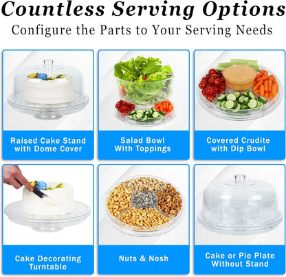 7 in 1 Multifunctional Acrylic Cake Stand with Lid & Cake Turntable for Decorating (12") - Turntable Decorating Kit Serving Salad Bowl/Veggie Platter/Punch Bowl/Desert Platter/Chips & Dip - BPA Free