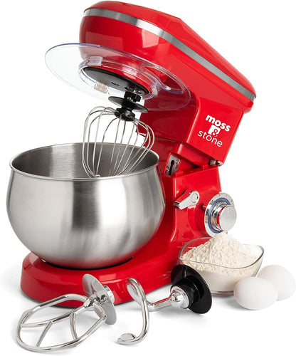 Moss & Stone Stand Mixer, 6 Speed Electric Mixer With 5.5 Quart Stainless Steel Mixing Bowl, Red Body Kitchen Mixer With Dough Hook, Whisk, Beater & Baking Spatula, Classic Food Mixer