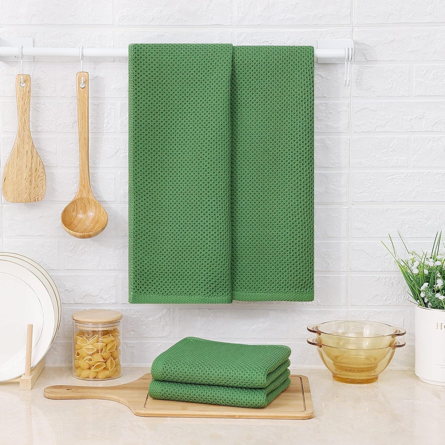 Kitinjoy 100% Cotton Waffle Weave Kitchen Towels, 12-Pack Super Soft and Absorbent Dish Rags for Drying Dishes, Kitchen Hand Towels, 13 in x 28 in, Grass Green