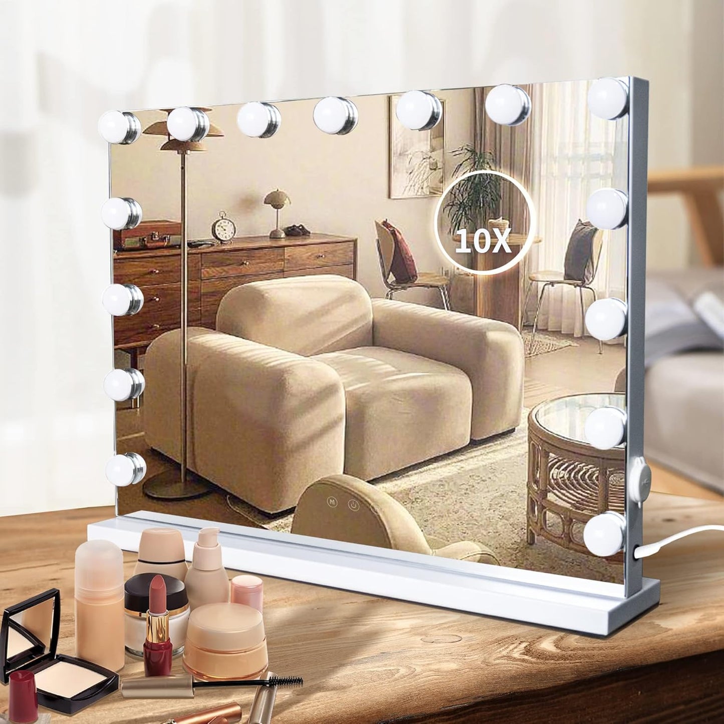 Hollywood Vanity Mirror with Lights, 15 Dimmable LED Bulbs 3 Color Lighted Makeup Mirror with Detachable 10X Magnification Mirror, Tabletop or Wall-Mounted, Touch Control